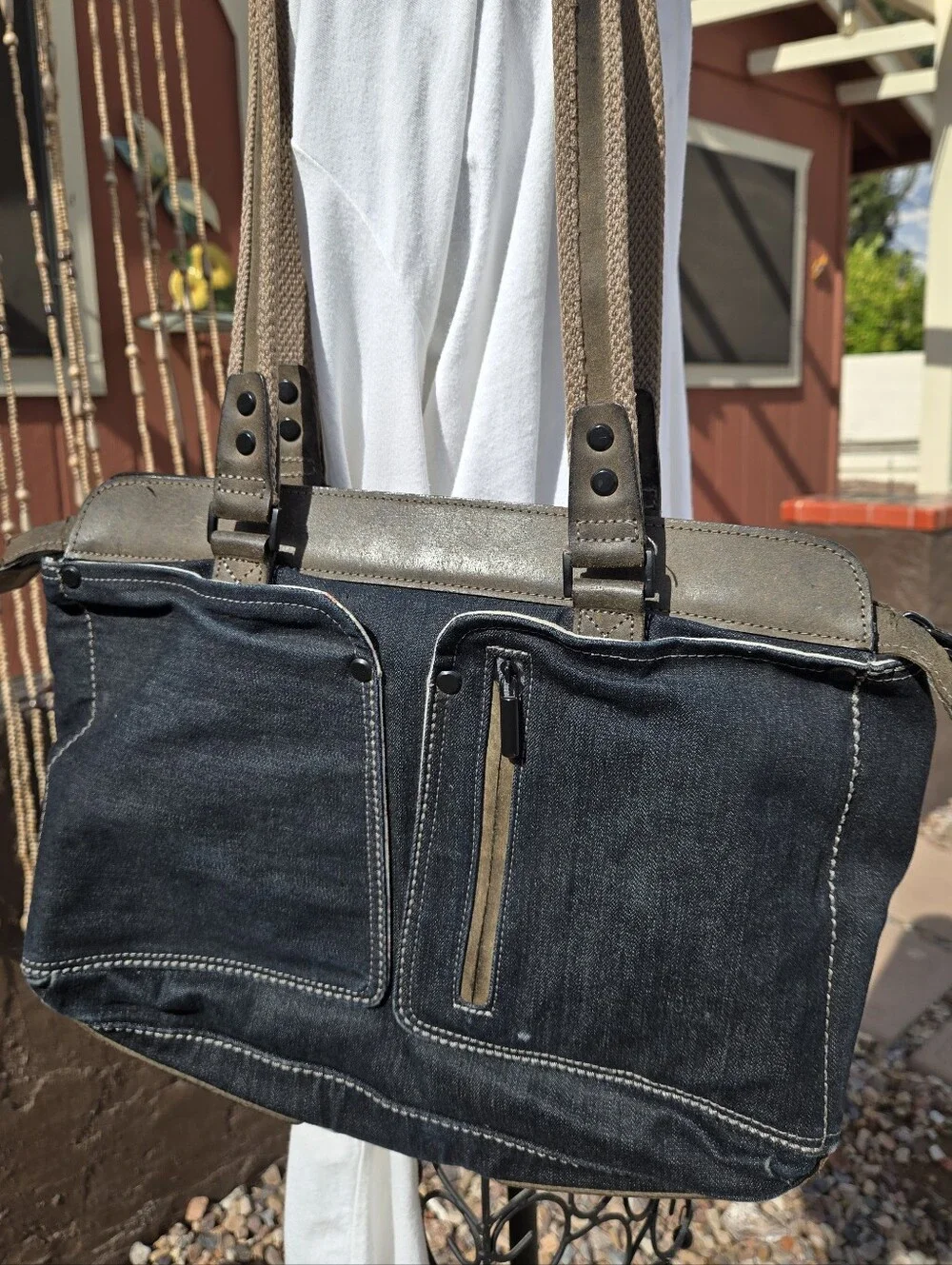 Men's Dark Blue Canvas Messenger Tote with Recycled Leather From Italy